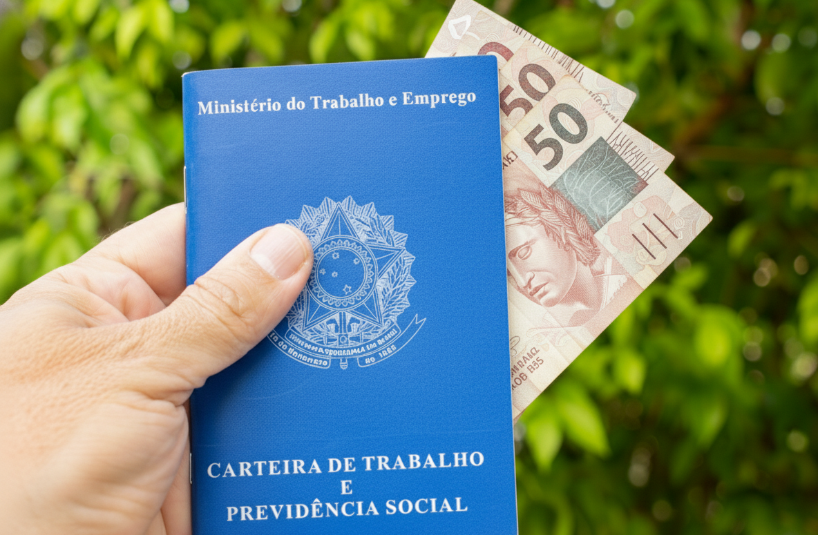 imagem de carteiras de trabalho e notas de dinheiro