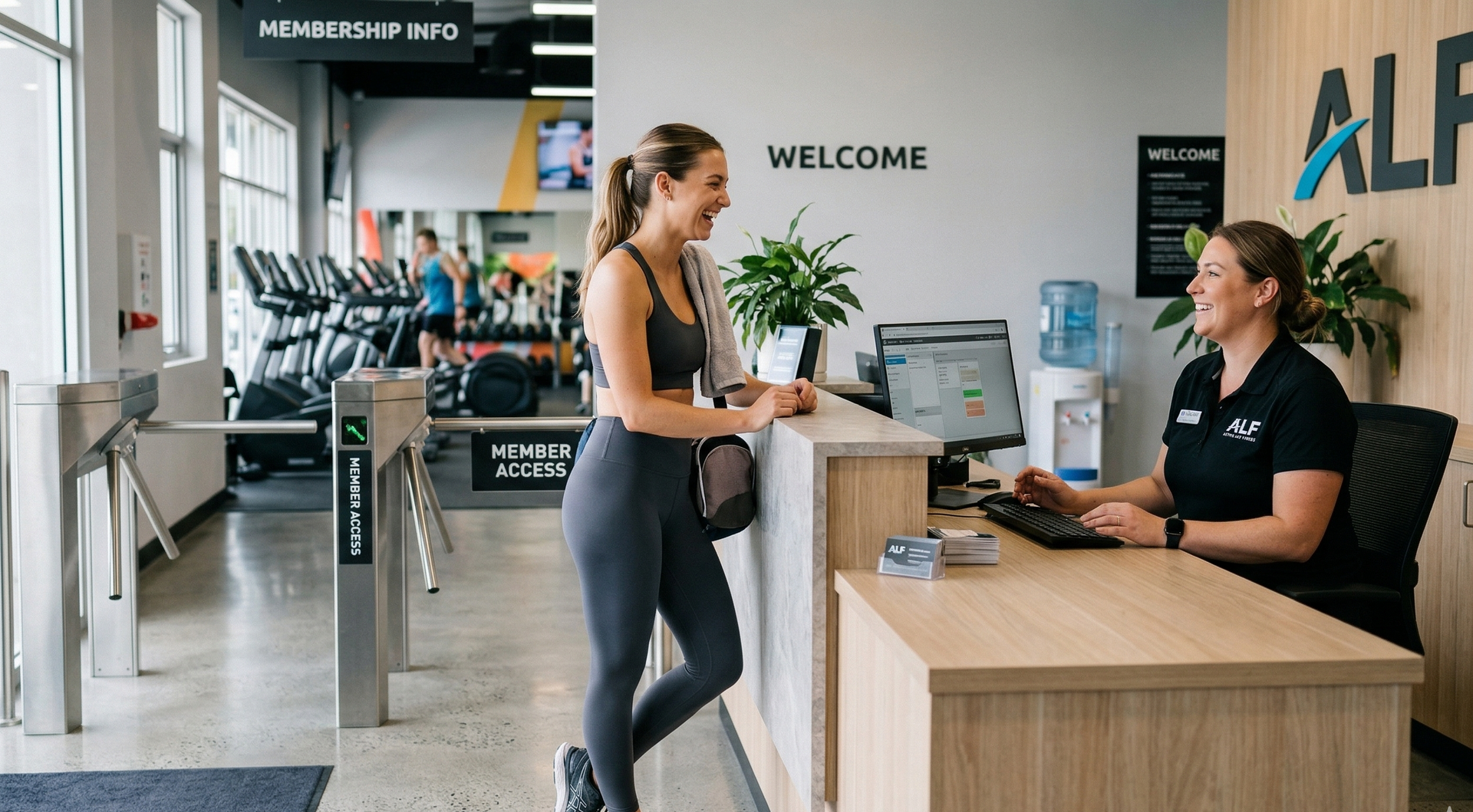 recepção de uma academia com recepcionista conversando com aluna, e catracas ao fundo