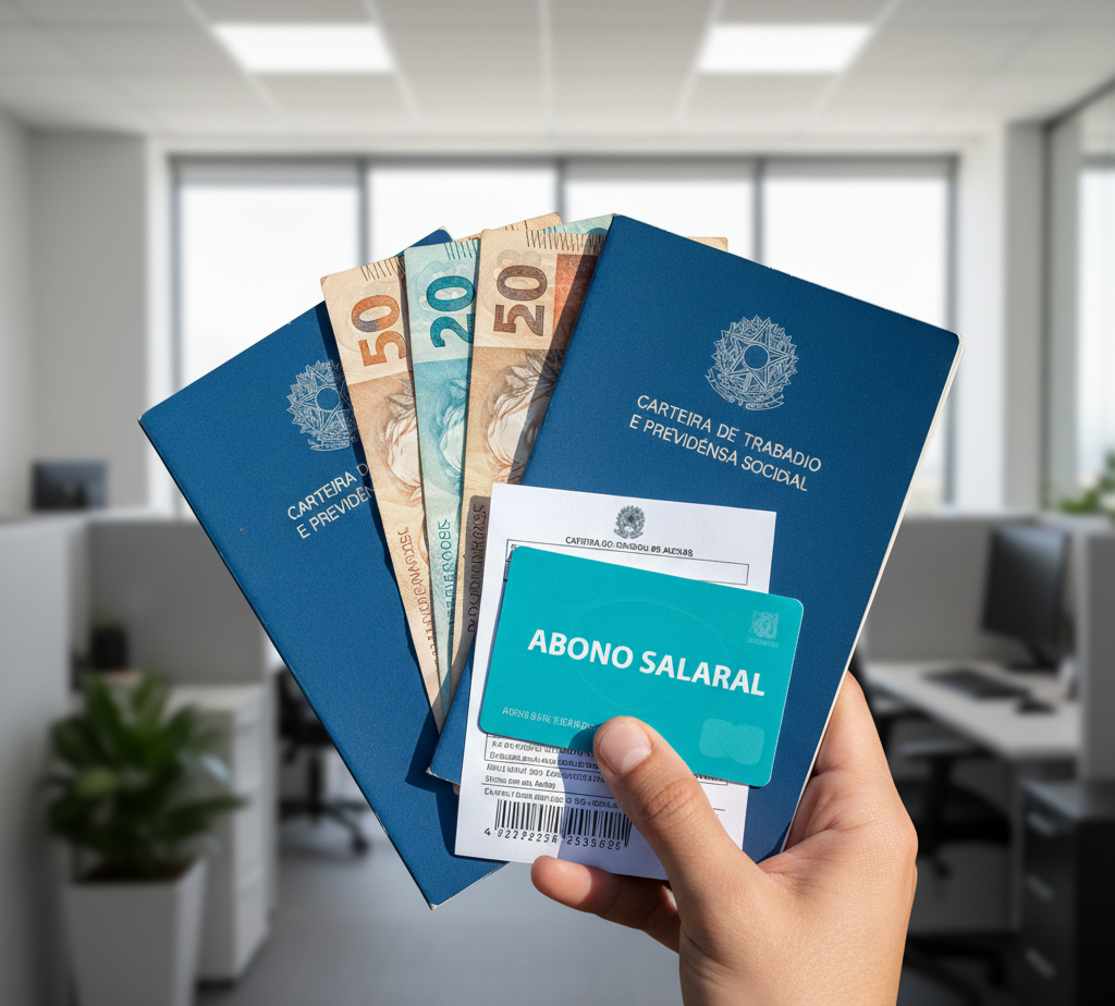 imagem de uma mão segurando carteira de trabalho e dinheiro