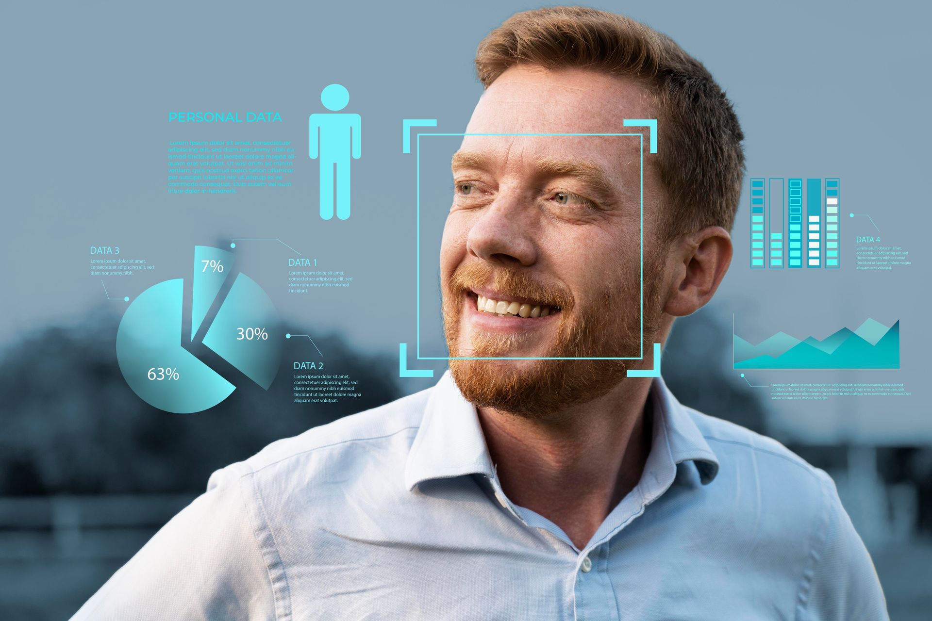 Homem sorridente de camisa branca sobreposto a gráficos de reconhecimento facial