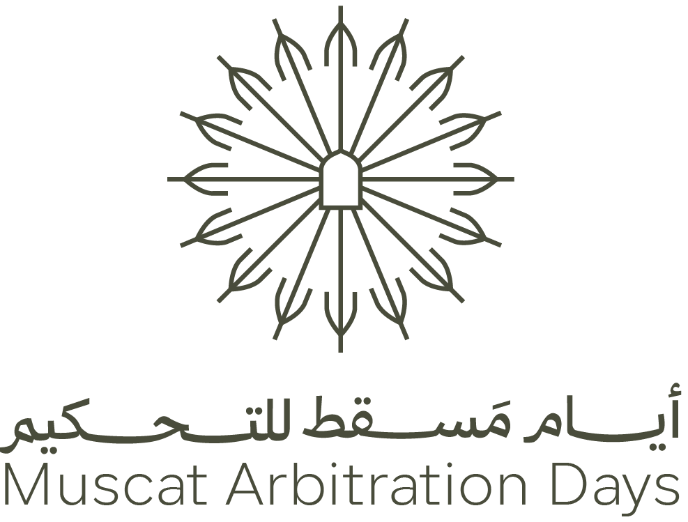 Muscat Arbitration Days logo: stylized floral design above Arabic and English text.