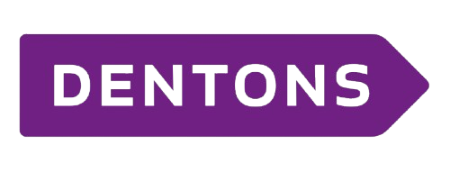 Dentons logo: White text on a purple arrowhead.