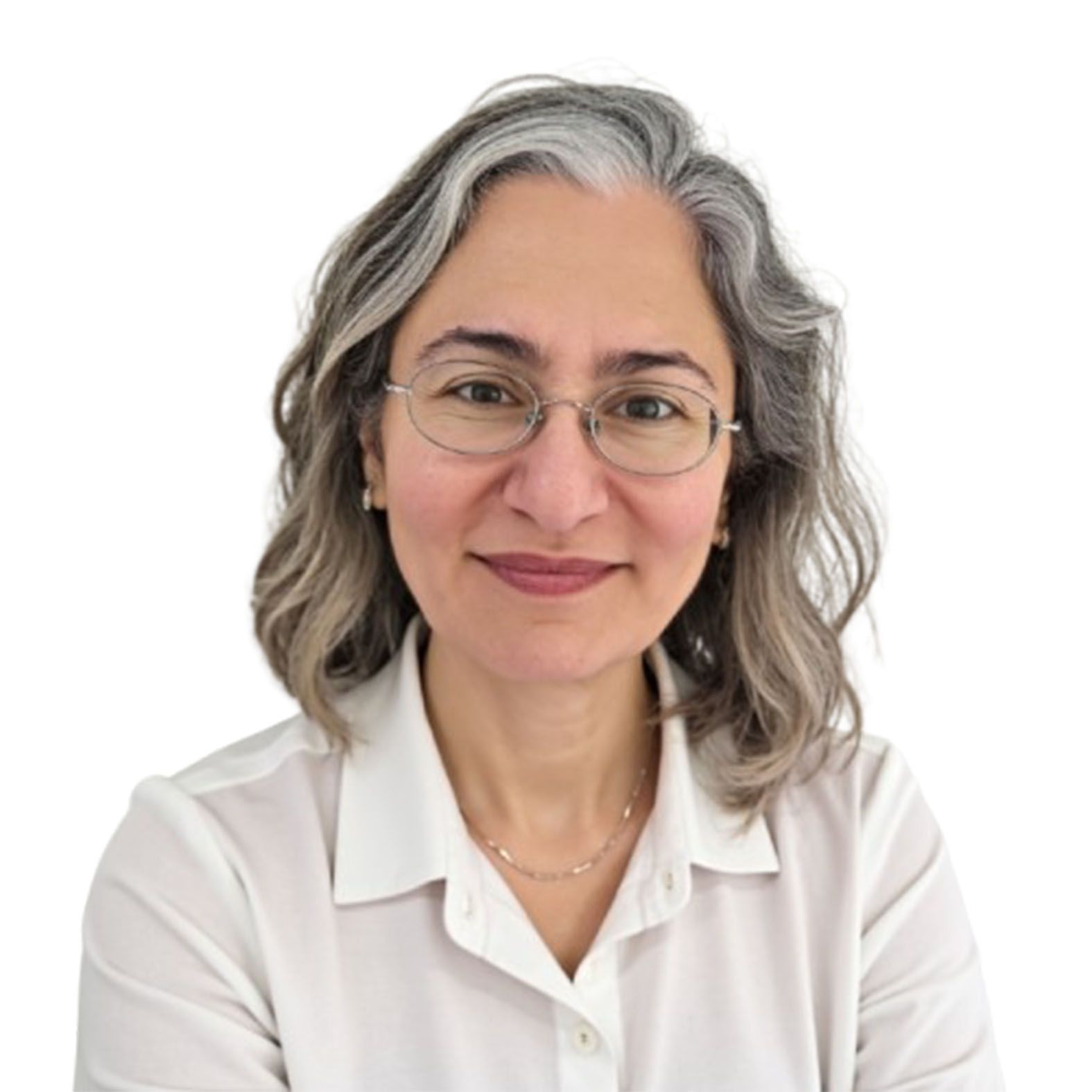 Woman with glasses, gray hair, wearing a white shirt, smiling slightly, against a white background.