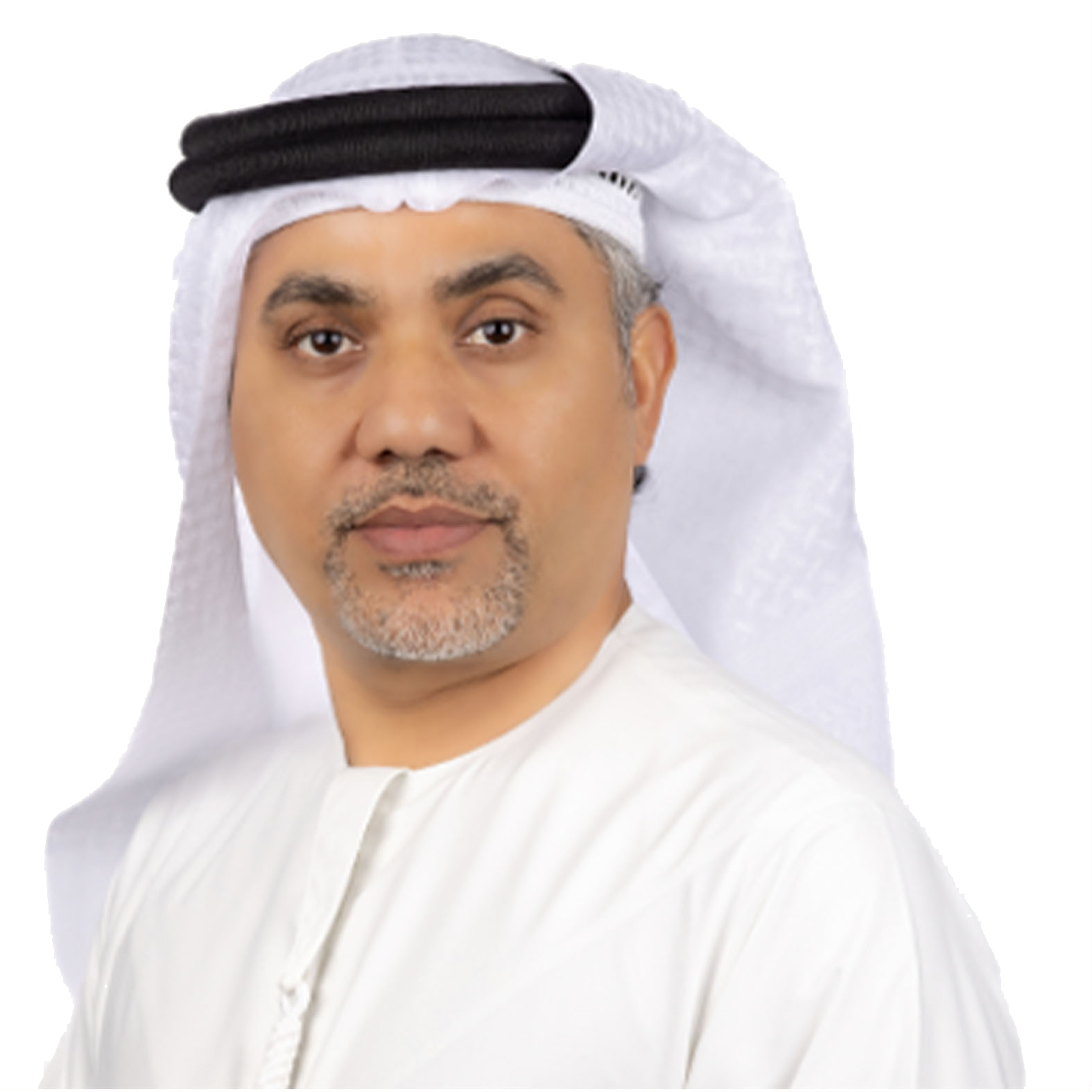 Man in traditional Arab attire, wearing a white thobe and ghutra with agal.