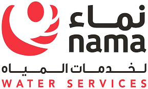 Logo for Nama Water Services. Red crescent-like symbol with Arabic and English text, "nama" and "Water Services."