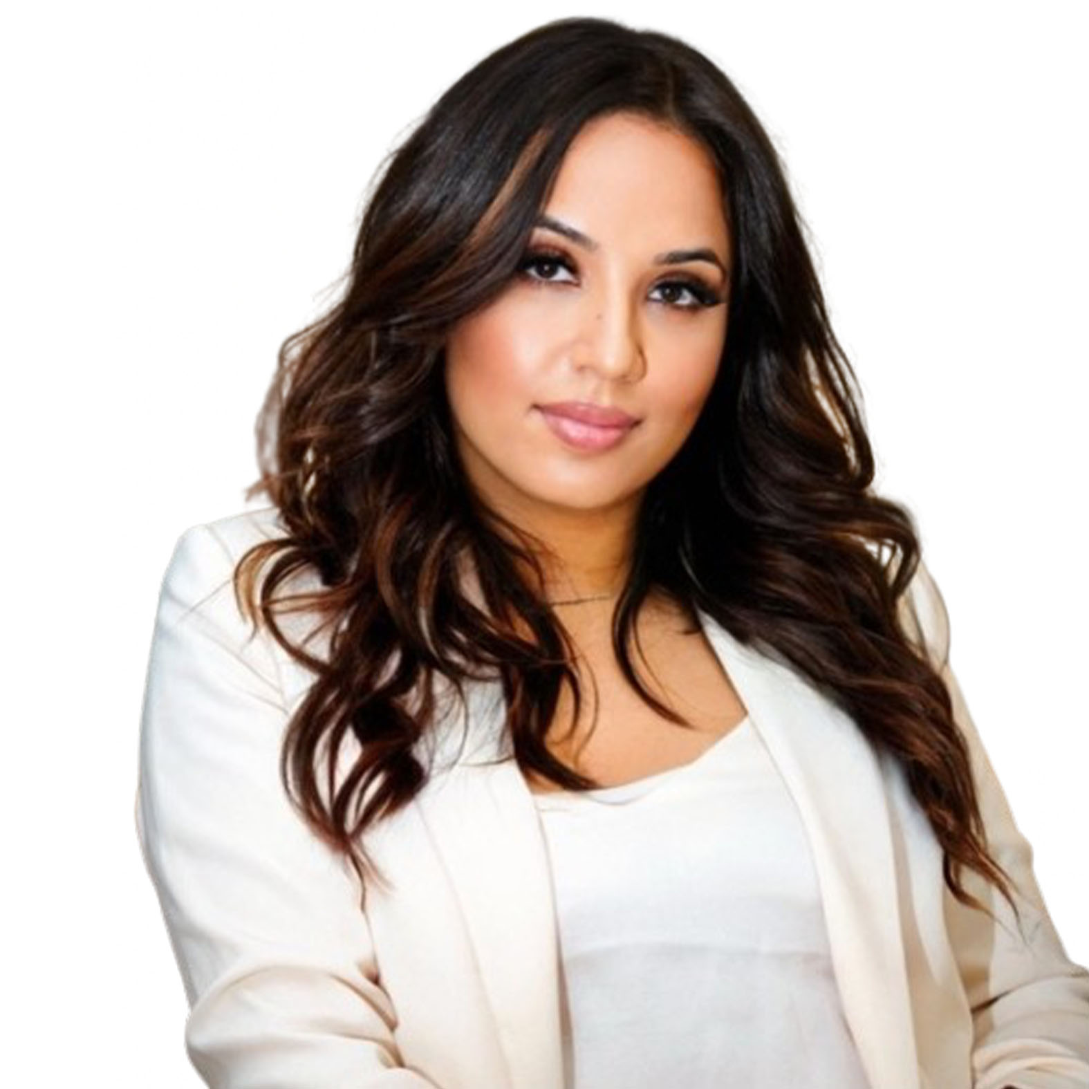Woman with brown hair, wearing a white blazer and top, looking at the camera.