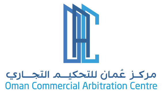 Blue logo of the Oman Commercial Arbitration Centre: geometric shapes with Arabic and English text.