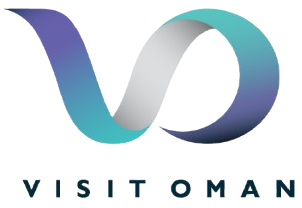 Visit Oman logo: a stylized, swirling "VO" in shades of blue and white. Text "VISIT OMAN" below.