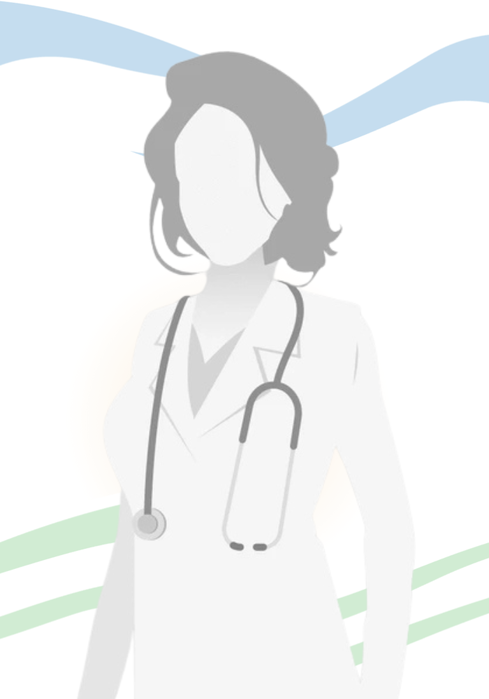 A silhouette of a female doctor with a stethoscope around her neck.