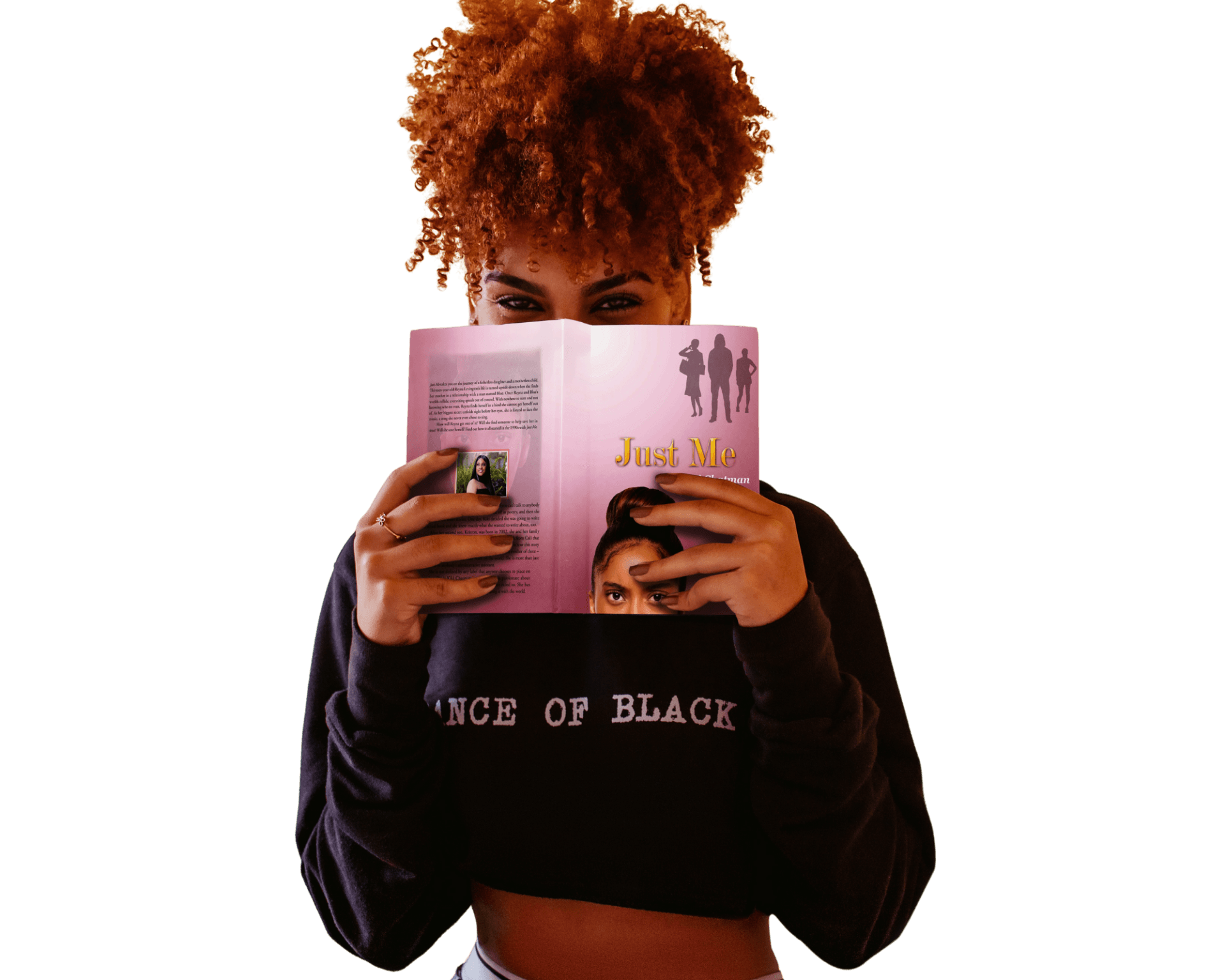A woman wearing a sweater that says ice of black is reading a book