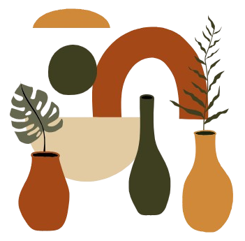 Abstract illustration: vases and plants in shades of brown, green, and beige against a white background.