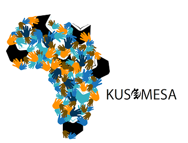 Silhouette of Africa filled with overlapping handprints in blue, orange, and brown, with the word 