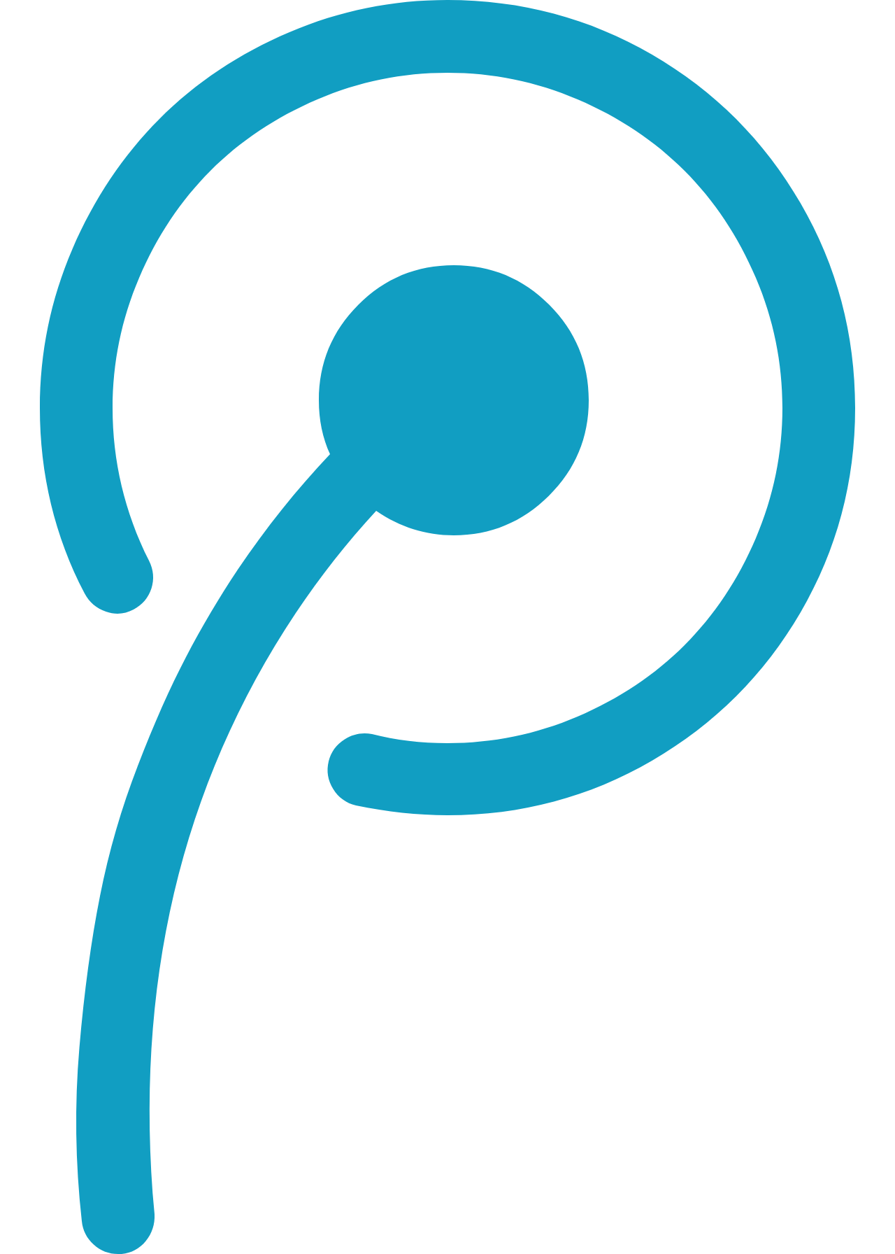 Blue abstract symbol: A circle with a dot connected to a curved line, resembling the letter 