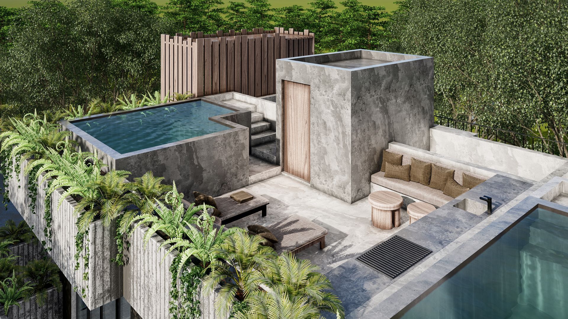 An artist 's impression of a house with a swimming pool on the roof.