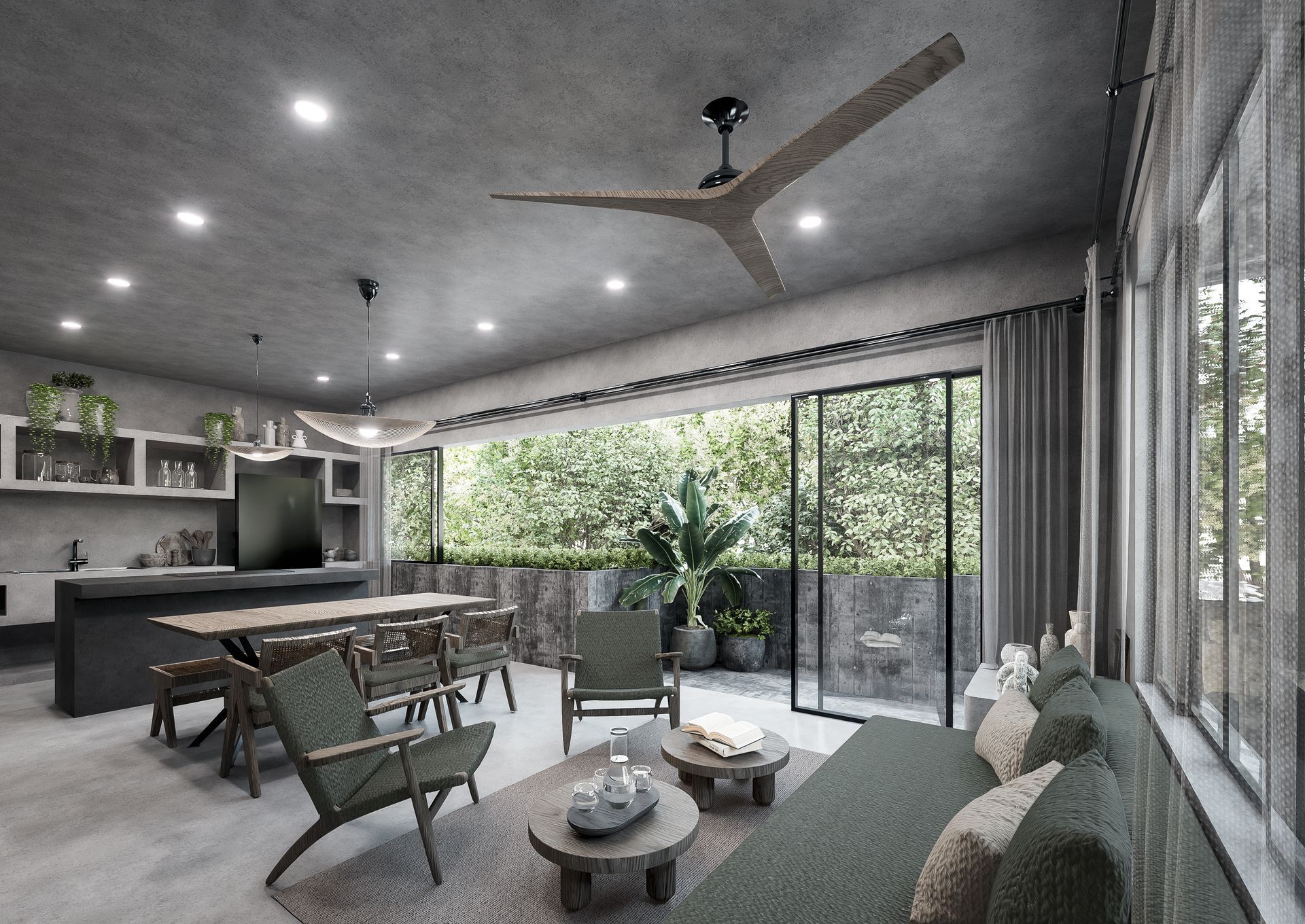 A living room with a couch , chairs , a table and a ceiling fan.