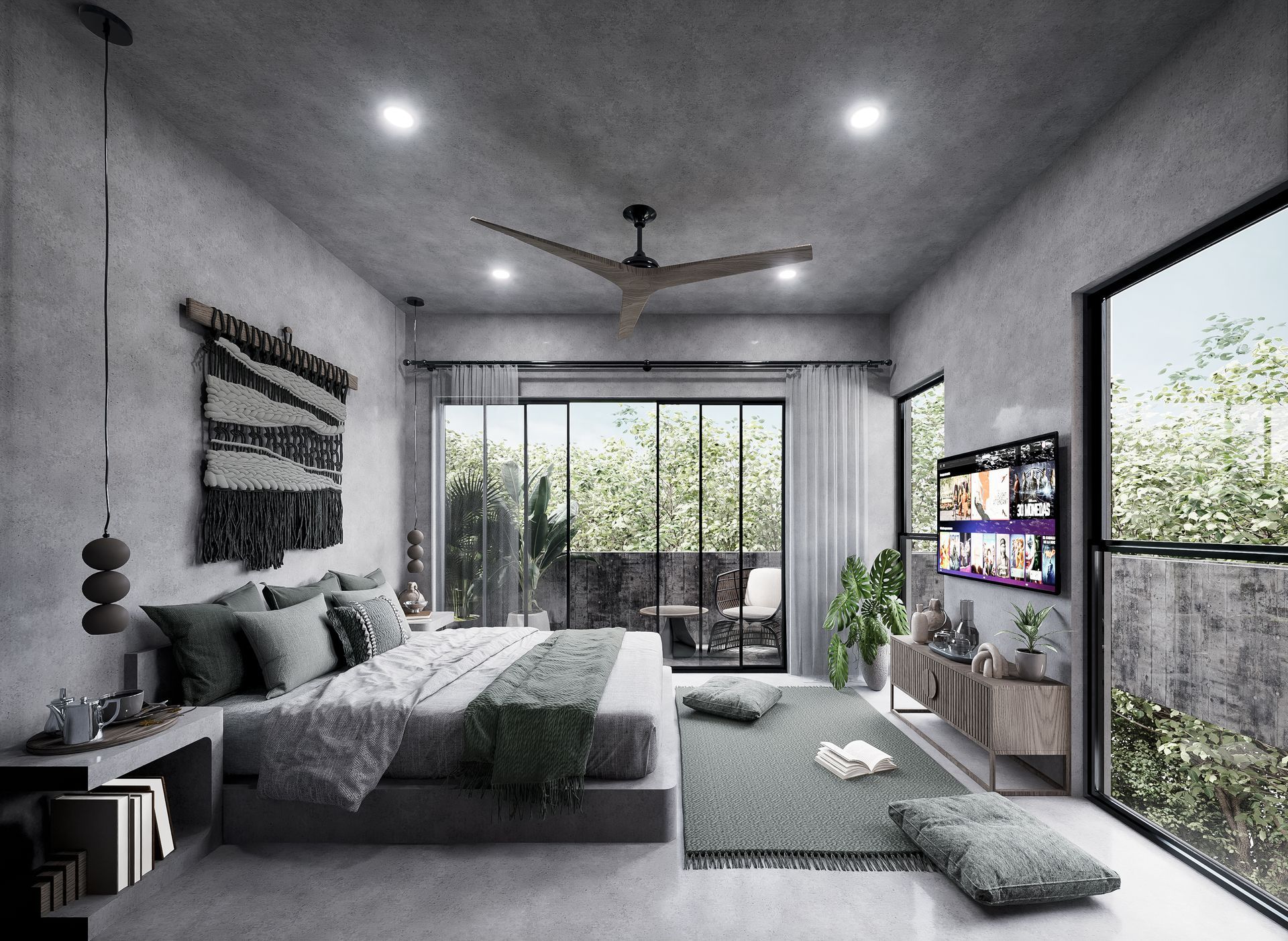 A bedroom with a large bed and a flat screen tv