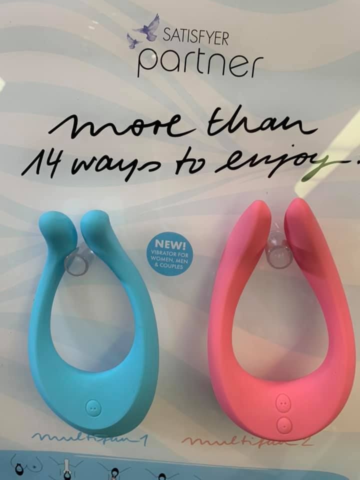 Two Satisfyer Partner Devices in Blue and Pink, Displayed on a Retail Card — A Bit Cheeky The Adult Store In Lismore, NSW