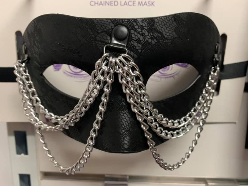 A Black Lace Masquerade Mask Adorned With Multiple Silver Hanging Chains — A Bit Cheeky The Adult Store In Lismore, NSW