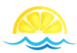 Una fetta di limone è appoggiata su un'onda blu.