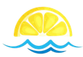 Una fetta di limone è appoggiata su un'onda blu.