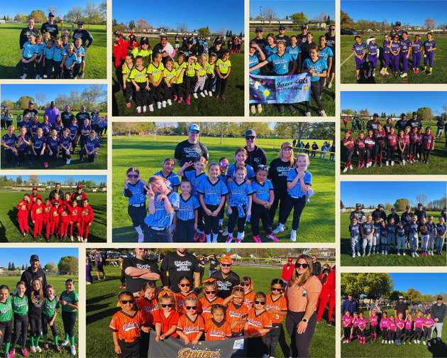 Baseball player sliding into home plate, catcher in front. Blue and gold uniforms, action shot.