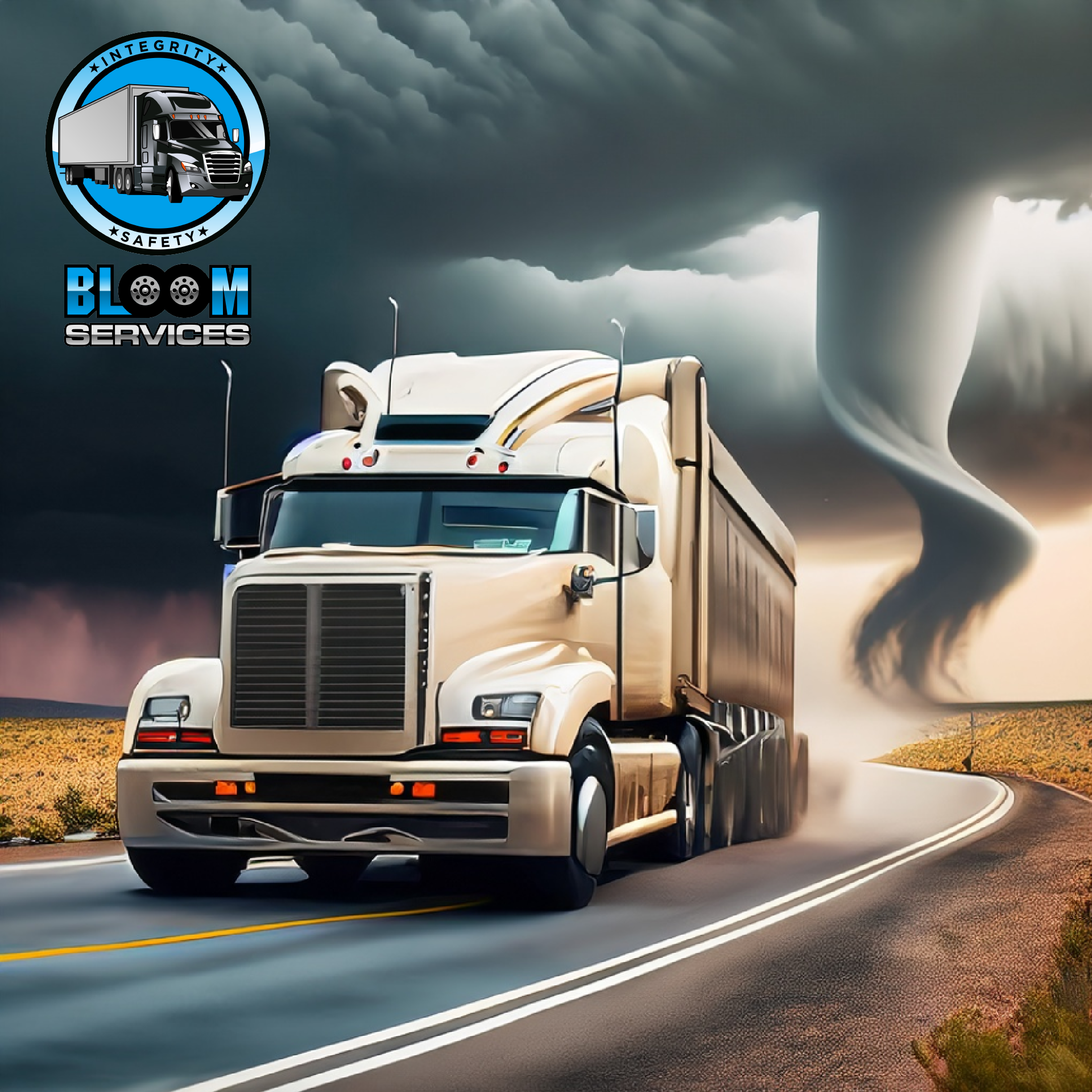 A semi truck is driving down a road with a tornado and bloom services in the background