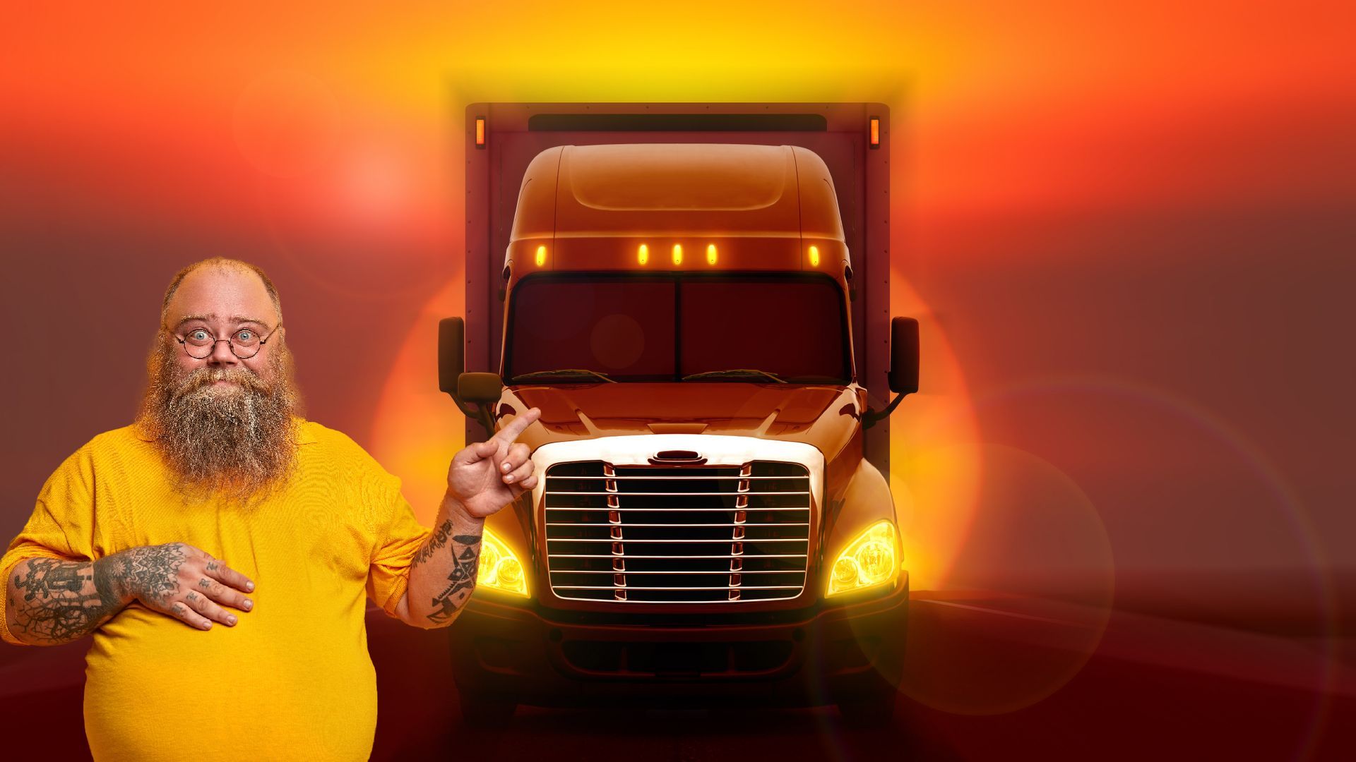 a man with a beard is standing in front of a semi truck .
