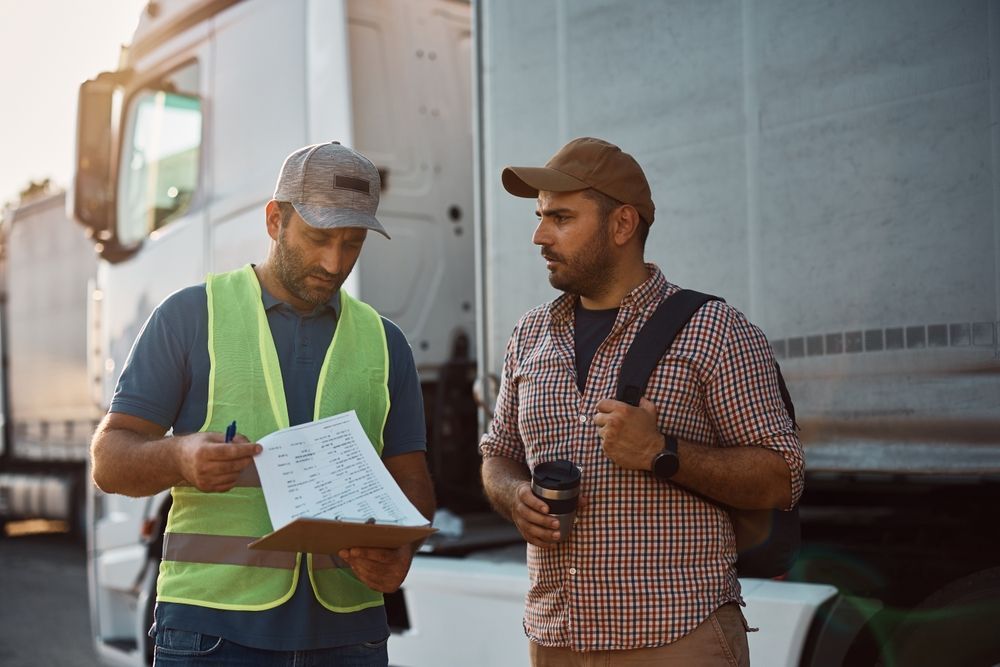 two men are standing in front of a truck looking at a clipboard .