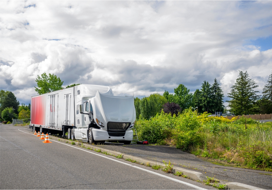 a white semi truck is parked on the side of the road .