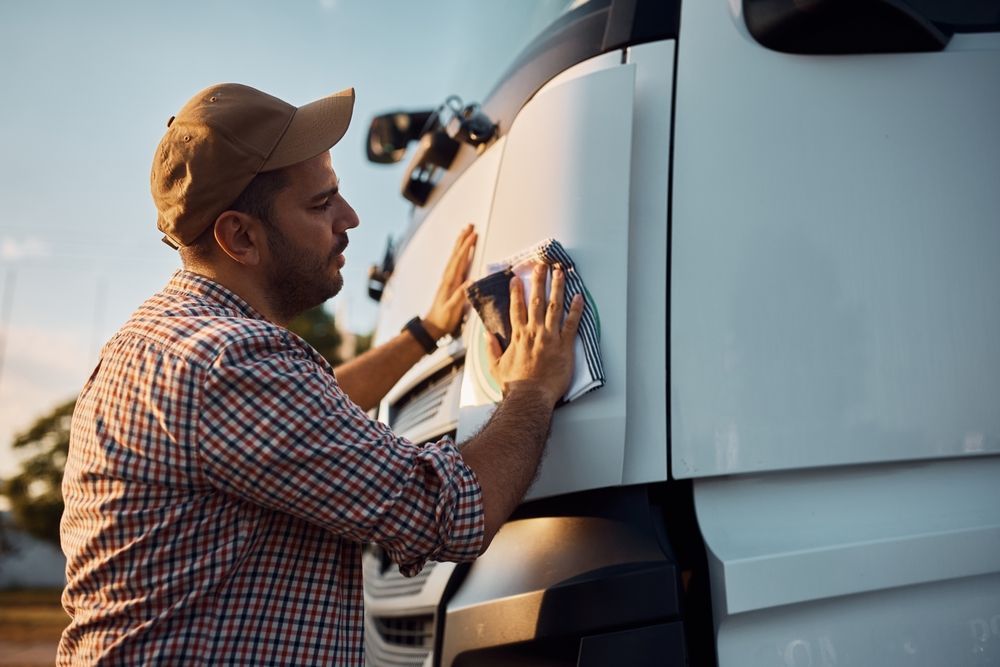 a man is cleaning the side of a truck with a cloth .