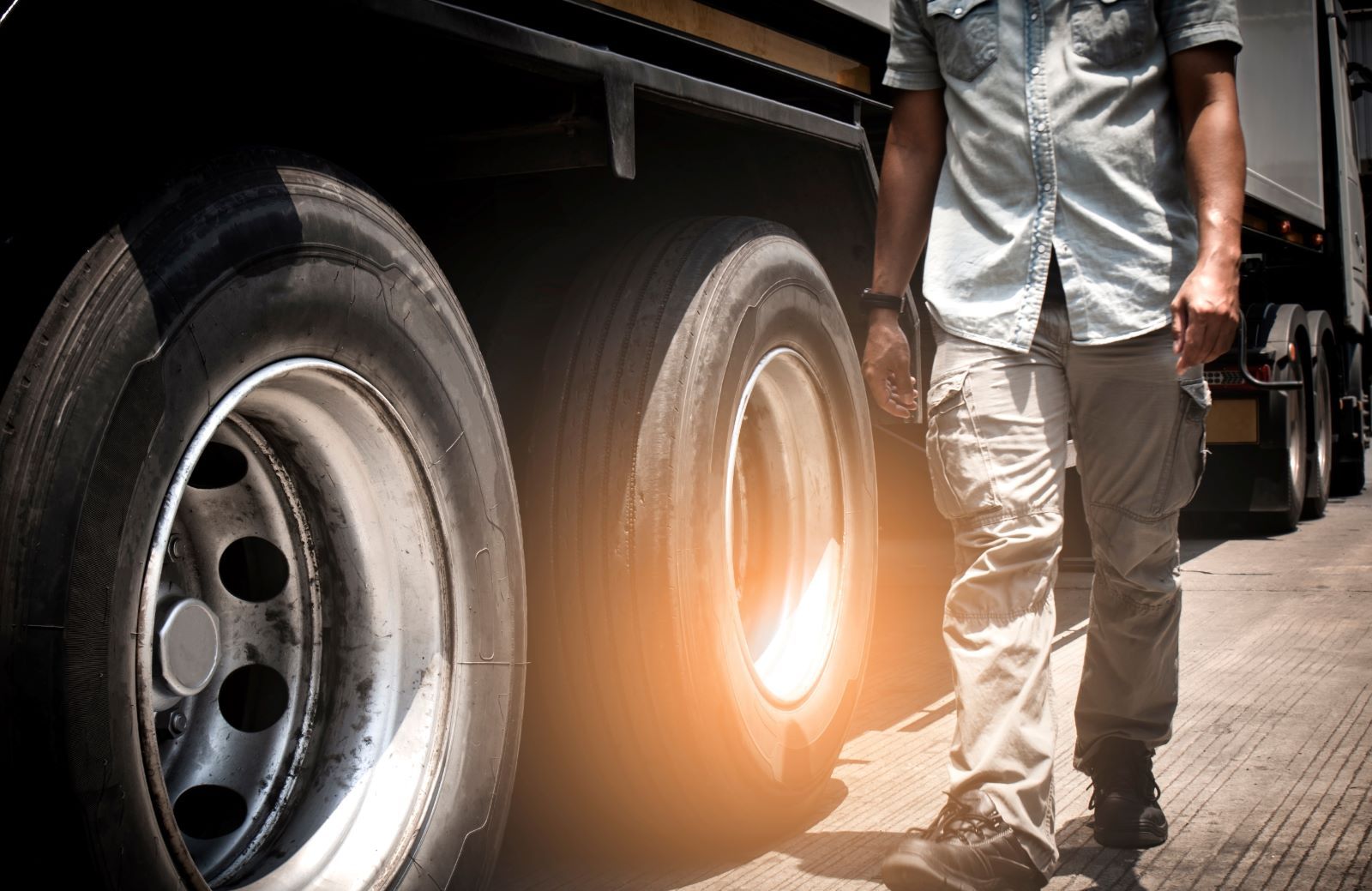 a man is standing next to a semi truck .