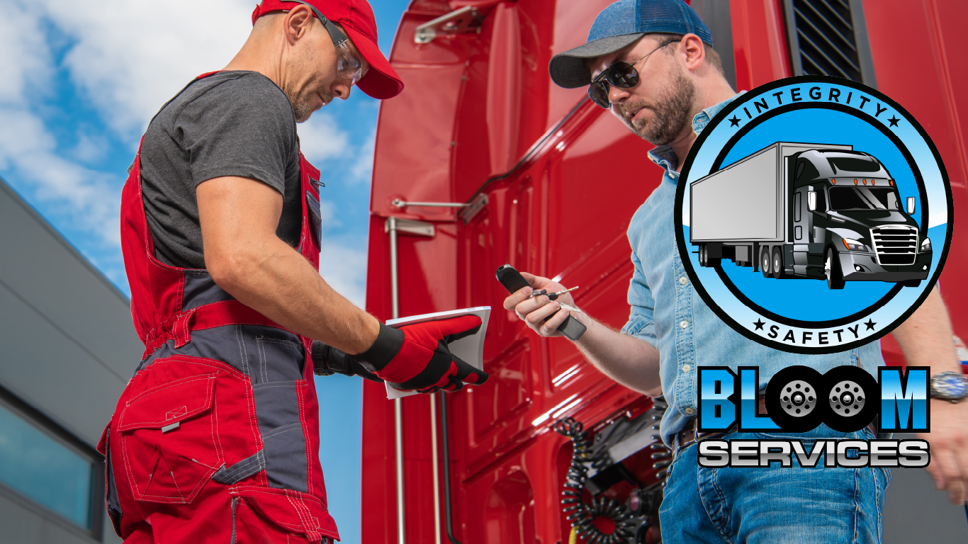 two men are standing next to a red truck .