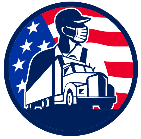 a truck driver wearing a mask is driving a truck in front of an american flag .