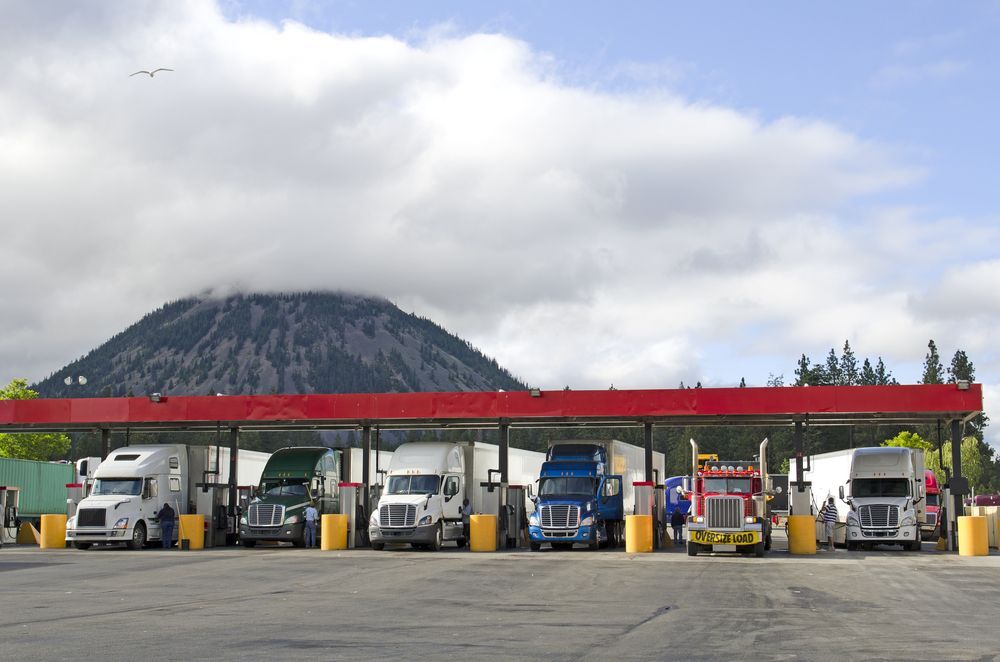 a row of semi trucks are parked at rest stop with a mountain in the background.