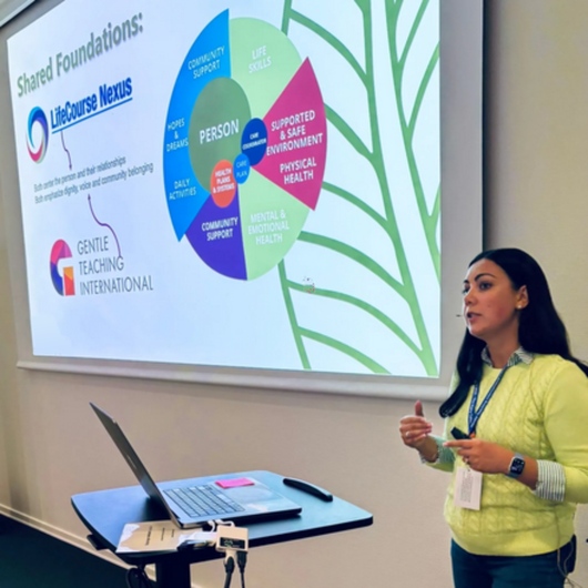 Founder and Director Kristen Mathews presenting how we used Gentle Teach and Life Course Tools