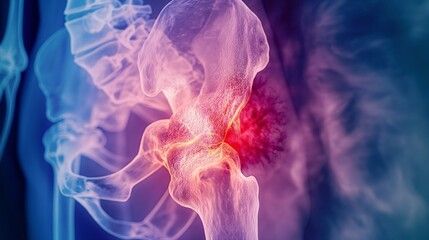 A computer generated image of a hip joint with a red spot.