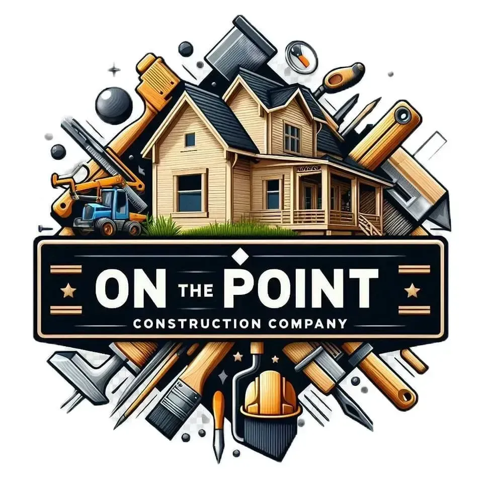 Construction company logo with a house and tools around the text “On the Point”