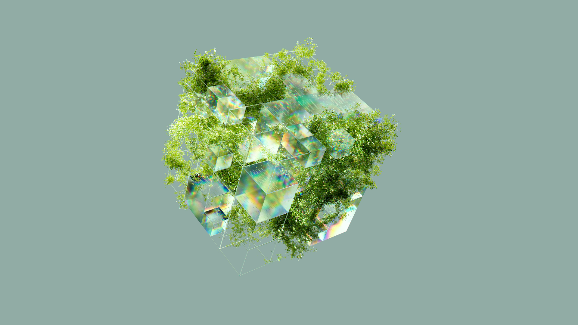 A green sphere with trees on it is floating in the air.