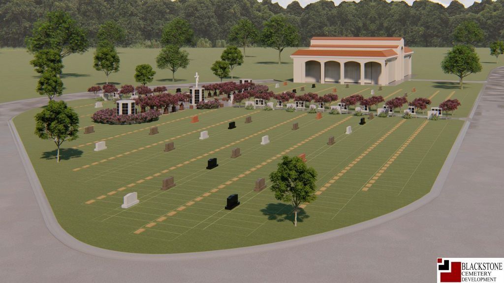 Rendering of a cemetery with headstones, mausoleum, and landscaping.