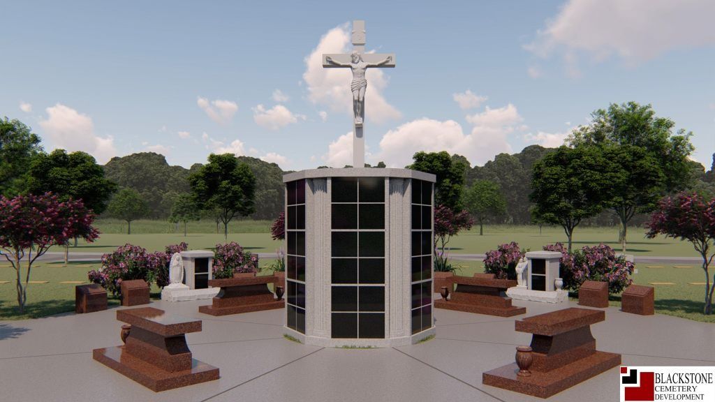Rendering of a memorial with a central cross and surrounding structures, trees, and sky.