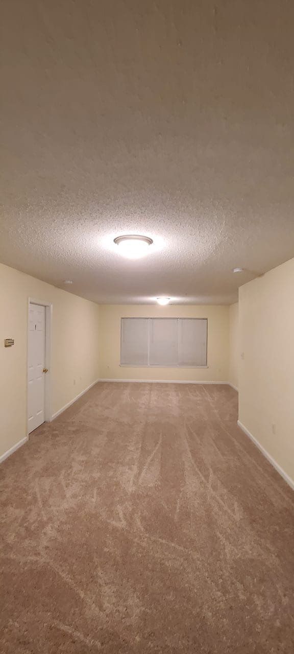 An empty living room with a carpeted floor and a window.