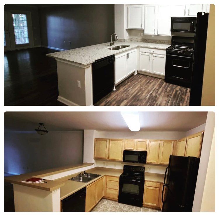 A before and after photo of a kitchen with white cabinets and black appliances