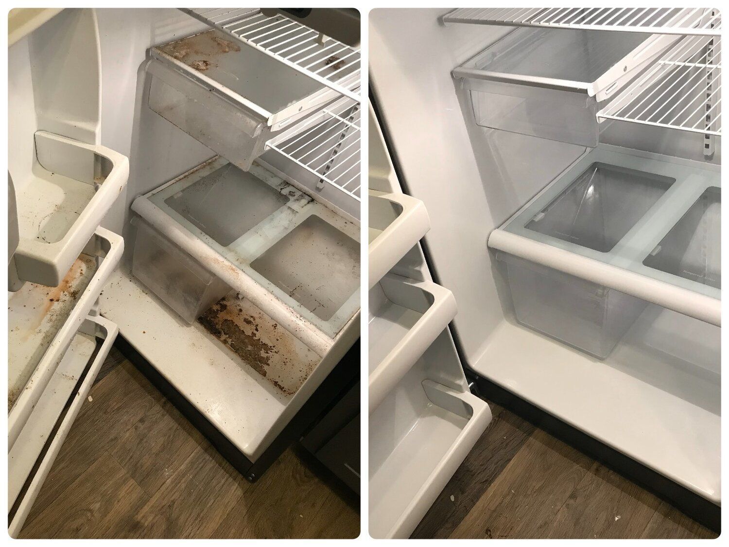 A before and after photo of a refrigerator being cleaned.