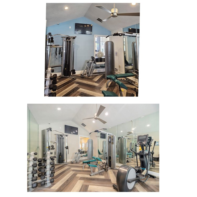 Two pictures of a gym with a lot of equipment