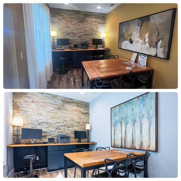 A before and after photo of a room with a table and chairs