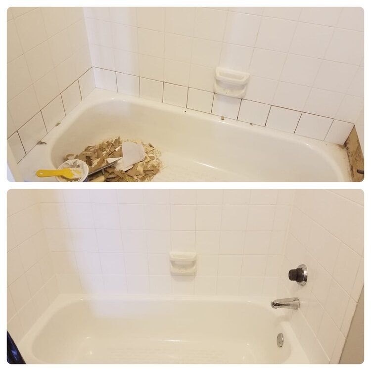 A before and after photo of a bathtub being painted white