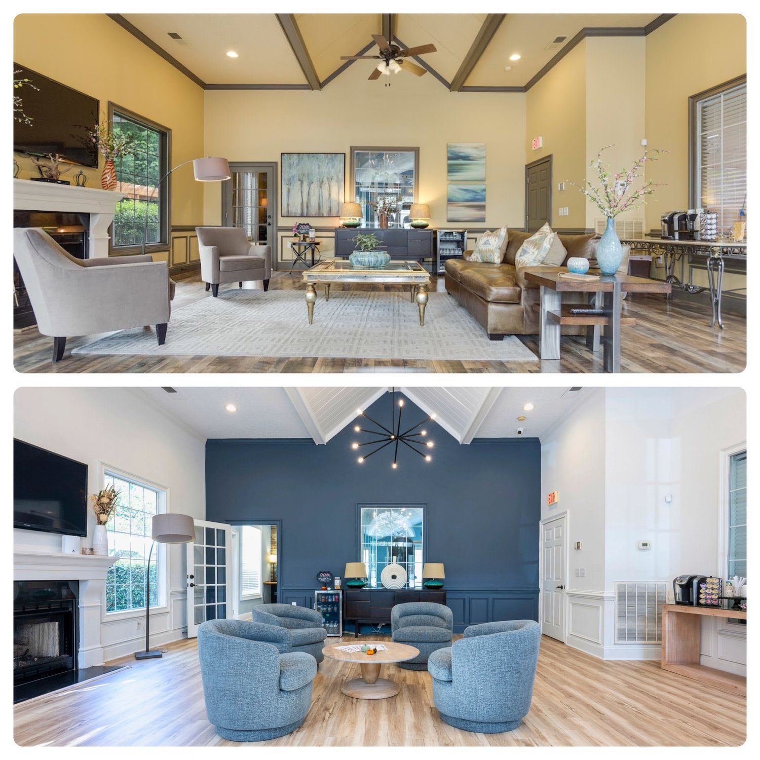 Two pictures of a living room and a dining room
