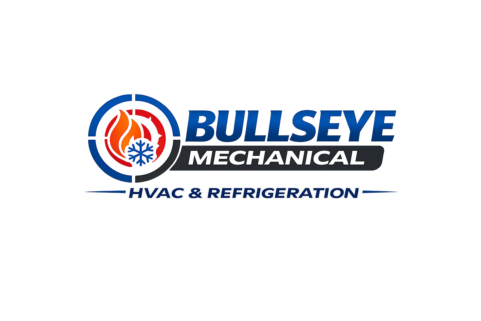 Logo for Bullseye Mechanical with a central bullseye graphic containing a flame and snowflake, and company name below.