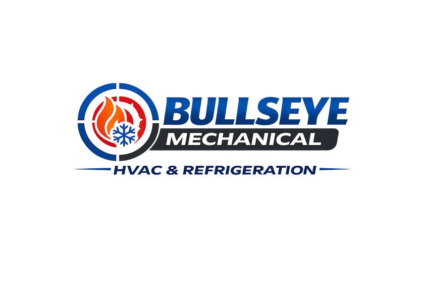 Logo for Bullseye Mechanical with a central bullseye graphic containing a flame and snowflake, and company name below.
