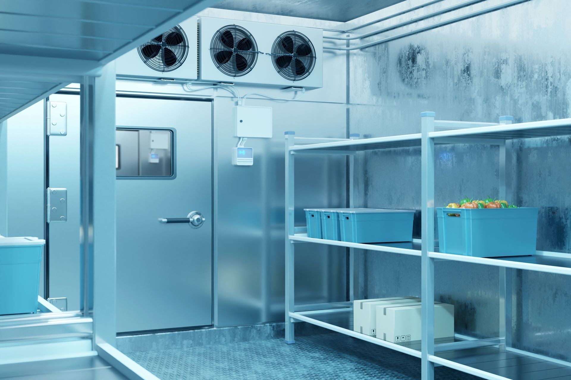 Inside of a commercial walk-in freezer with metallic walls, blue storage bins on white metal shelves, and cooling fans.